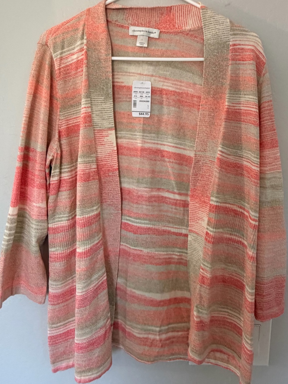 Christopher & Banks Coral and Cream Striped Open-Front Cardigan